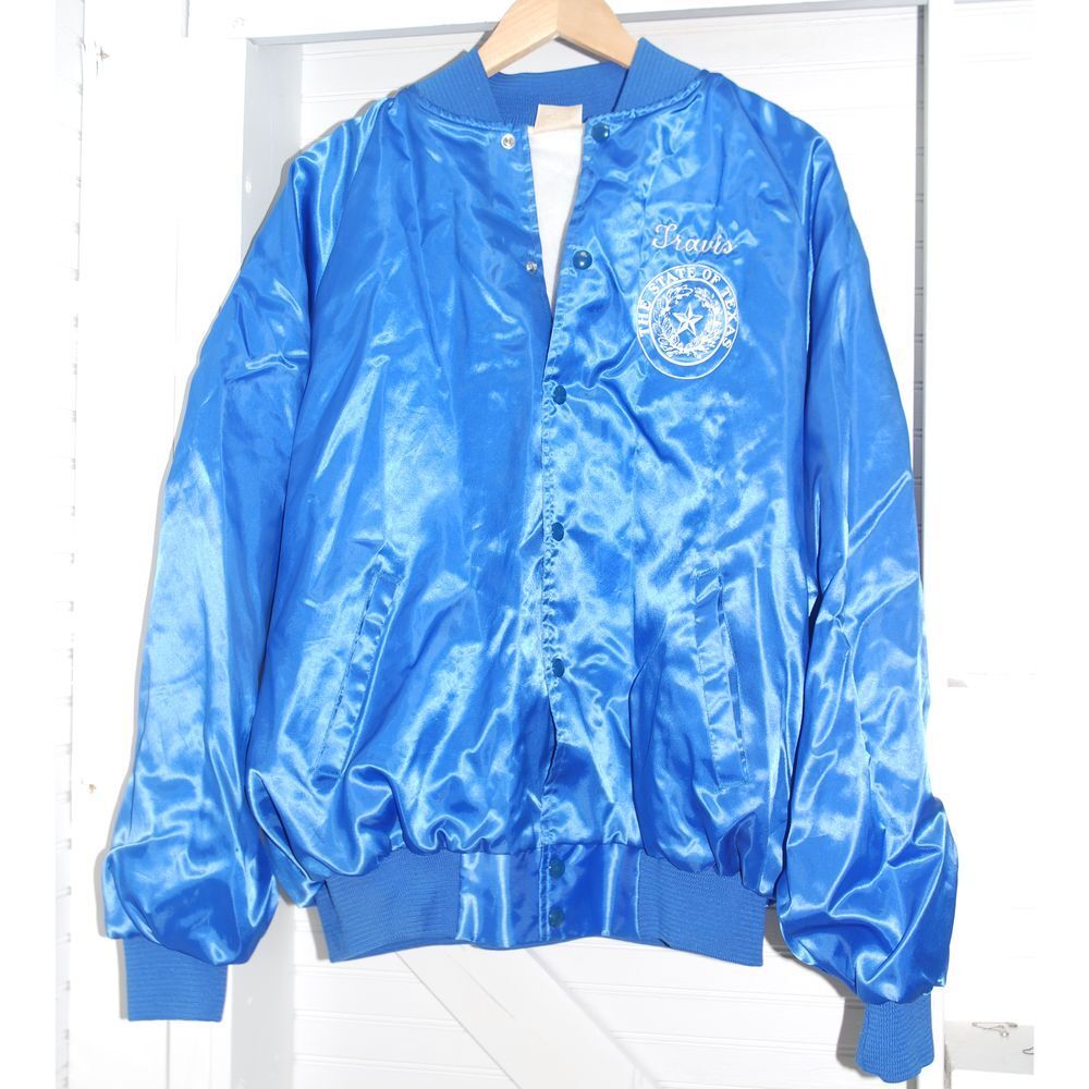 Vintage "The State of Texas" "Travis" blue satin windbreaker jacker size XXL